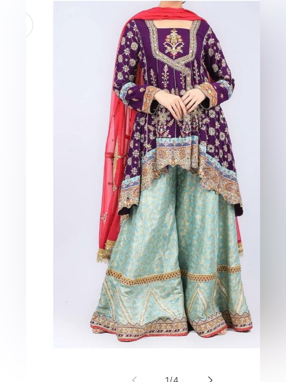 Hind Purple Embroidered Anarkali with Teal Skirt and Pink Dupatta